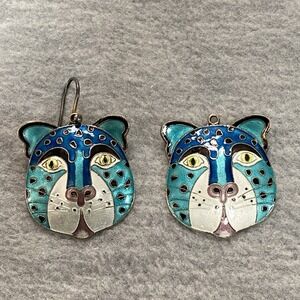 Rare Vintage Laurel Burch Silver Enamel Cat Earrings MISSING 1 HOOK Goldtone